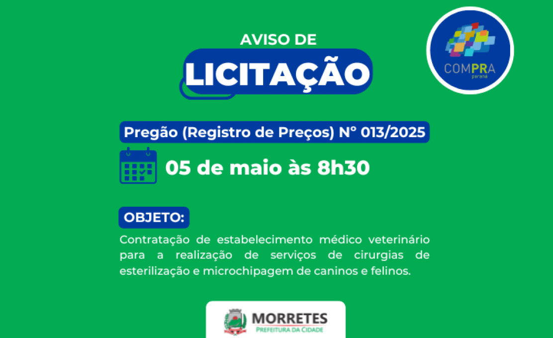 Prefeitura de Morretes Abre Licitação Para Serviços de Castração E Microchipagem...