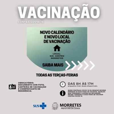 A Prefeitura de Morretes informa que a Vacinação do Covid-19 tem novo local e novo calendário para aplicação