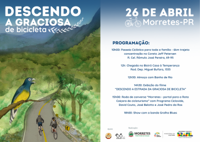 Evento em Morretes promove cicloturismo com passeio, cinema, roda de conversa e música ao vivo no dia 26 de abril