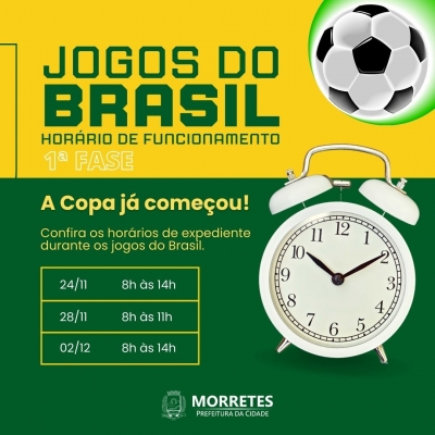 Prefeitura terá horário especial de funcionamento durante os jogos do brasil na copa do mundo