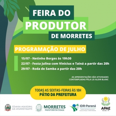 Prefeitura de Morretes divulga programação de julho para a Feira do Produtor