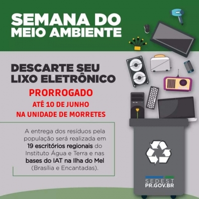 Instituto Água e Terra prorroga o recebimento de resíduos eletrônicos até o dia 10 de junho