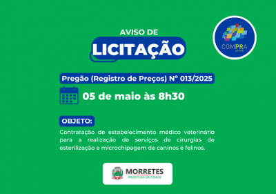 Prefeitura de Morretes abre licitação para serviços de castração e microchipagem de animais