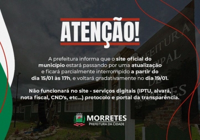Site da Prefeitura de Morretes ficará interrompido entre 15 e 19 de janeiro para atualizações