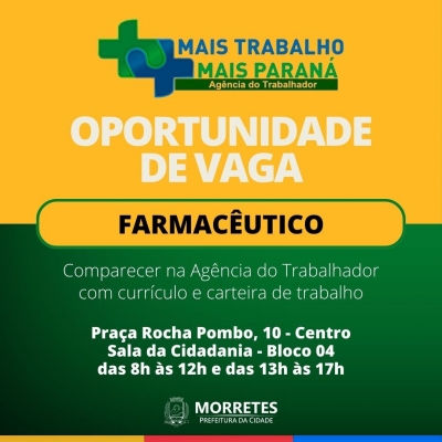 Agência do trabalhador informa sobre vagas para farmacêutico