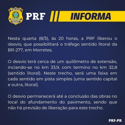 PRF-PR informa a liberação da BR 277 em pista simples