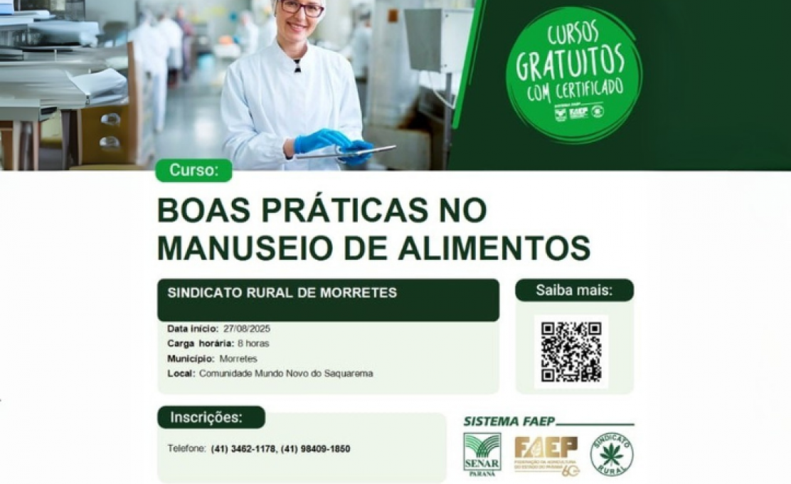 Curso gratuito de Boas Práticas no Manuseio de Alimentos será realizado em Morretes