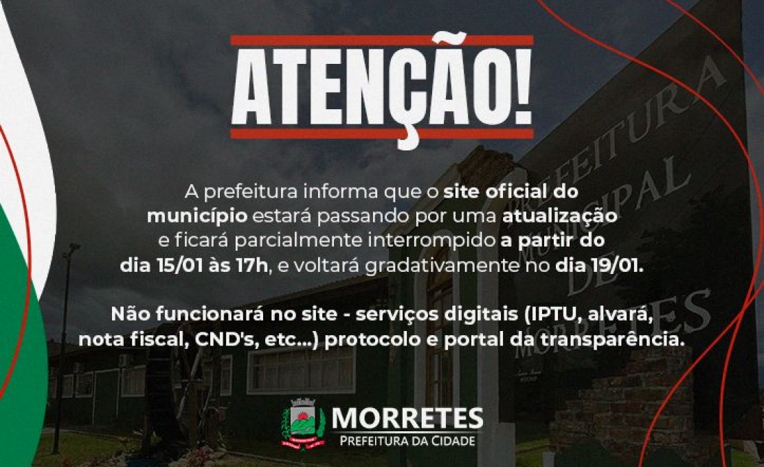 Site da Prefeitura de Morretes ficará interrompido entre 15 e 19 de janeiro para atualizações