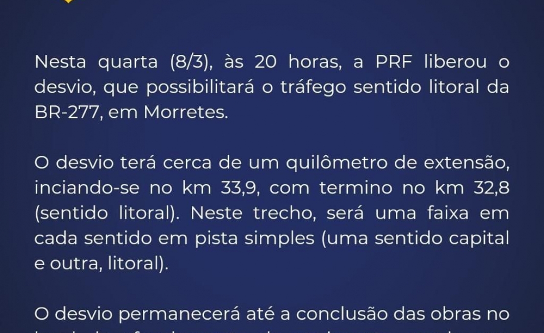 Prf-pr Informa A Liberação da Br 277 Em Pista Simples