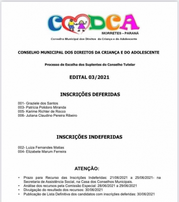 Edital 03/2021 - Processo de escolha dos suplentes do Conselho Tutelar 