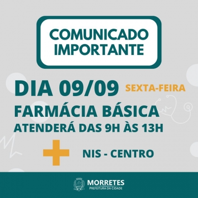 Prefeitura de Morretes informa horários de atendimento da farmácia básica do município devido ao feriado