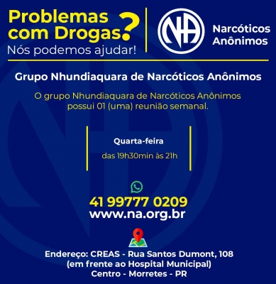 As reuniões do Grupo Nhundiaquara de Narcóticos Anônimos acontecem todas quartas-feiras das 19h30 às 21h no CREAS
