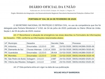 Morretes recebe reconhecimento federal de situação de emergência