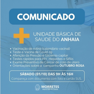 Prefeitura de Morretes realiza no próximo sábado diversos atendimento na U B S do Anhaia