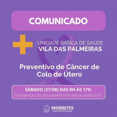 UBS Vila das Palmeiras abrirá neste sábado para exame preventivo de câncer de colo de útero
